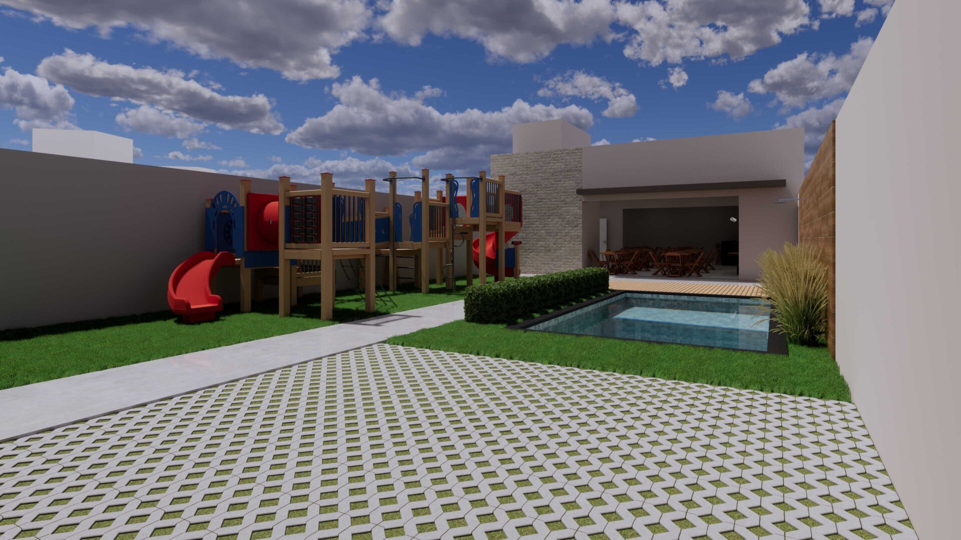 Perspectiva do projeto Espaço de festas, em Bela Vista